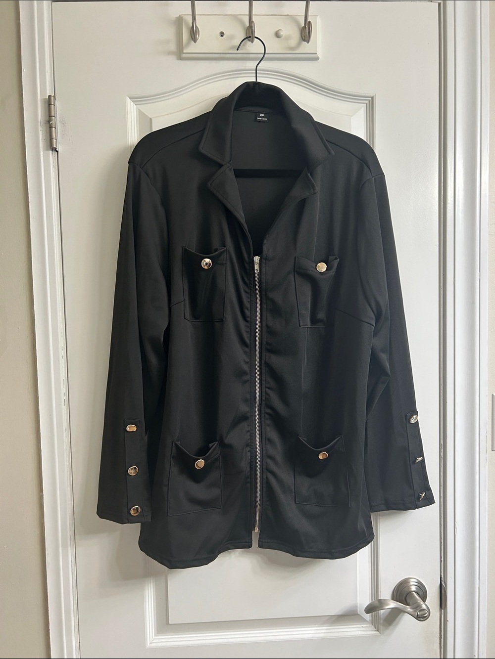 Black Zip-Front Women’s Jacket with Gold Button Details